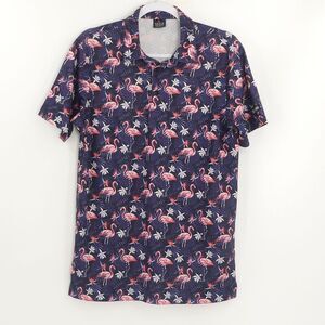 Golf Gods Flamingo Floral Hawaiian Print Polo Shirt Blue‎ Men's Medium M